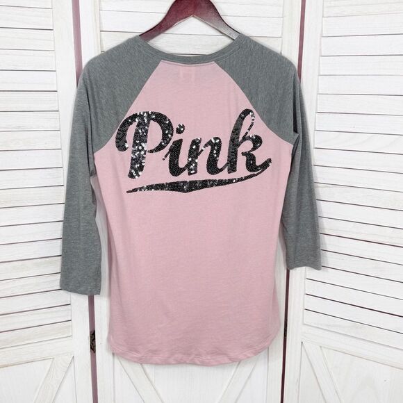 Victorias Secret Pink Sequin Logo Baseball Tee Shirt Pink Grey Medium - Picture 8 of 12